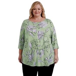 ALFANI Womens 2X Floral Tropical 3/4 Sleeve Stretch Green Black White Blouse Top